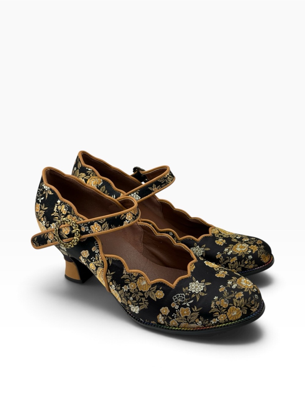 -L'Artiste Adordora Mary Jane Pumps Womens 42 Black Gold Floral Brocade Heels